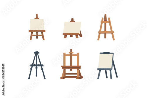 Collection of six different art easels with blank canvases on a white background