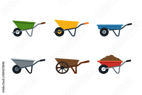 Collection of six different colorful wheelbarrow illustrations on a white background