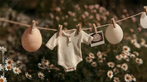 Baby bodysuits hanging on a line with pastel balloons and ultrasound photos, celebration of parenthood.

