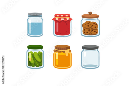 Collection of six different glass jars filled with various food items and liquids
