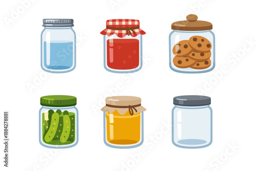 Collection of six cartoon jars filled with various food items and liquids