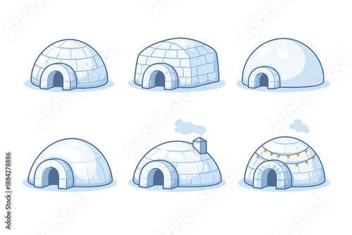 Collection of six different cartoon igloos with unique designs and details