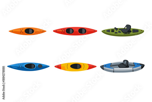Collection of six different kayaks in various colors and styles, top view