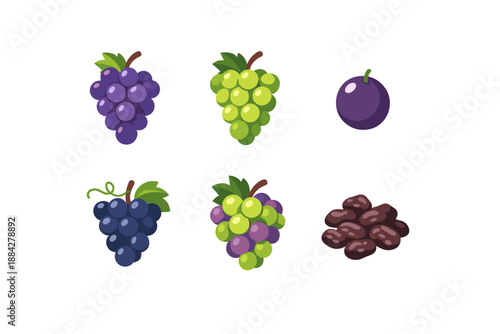 Collection of cartoon grapes in various colors and forms, including bunches and single berries