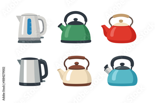 Collection of six diverse kettles, including electric and stovetop models in various colors