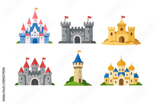 Collection of diverse fantasy and fairytale castles, fortresses, and towers