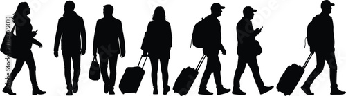 Travelers silhouettes walking with luggage and backpacks, airport passenger movement concept, people journey and tourism scene, black walking figures illustration isolated on white background