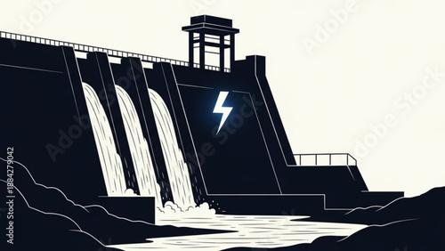 Hydroelectric dam generating power as water flows downstream through multiple spillways from a control tower viewpoint