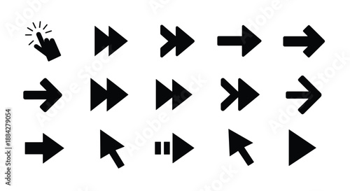 A comprehensive collection of black arrow and cursor icons on a white background, featuring various styles for navigation and interaction.