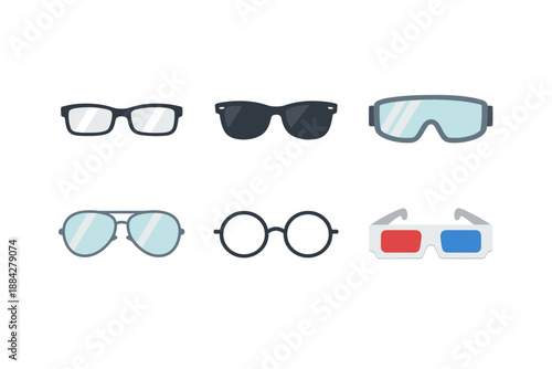 Collection of six different types of eyeglasses and eyewear on a white background