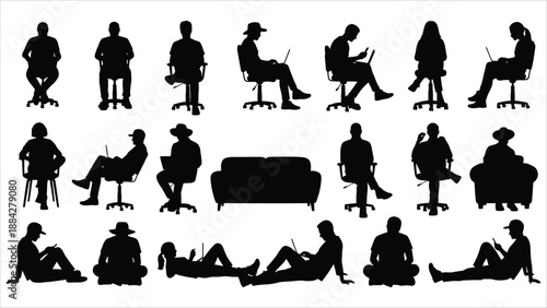 People Sitting Poses Silhouettes Vector Set.eps