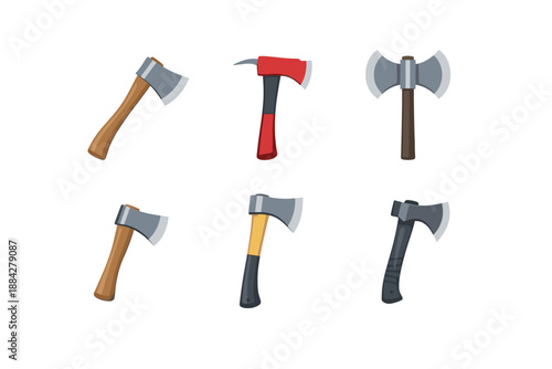 Collection of six different cartoon axes with wooden and black handles