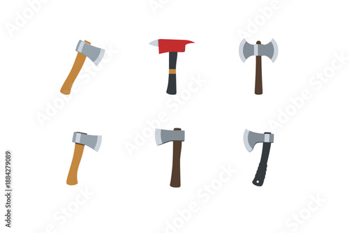 Collection of six different types of axes and hatchets with wooden and black handles