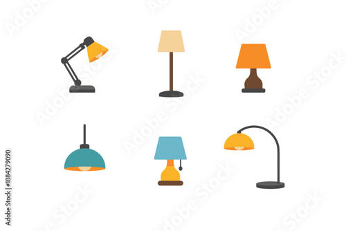 Collection of six modern flat design lamps for home and office lighting