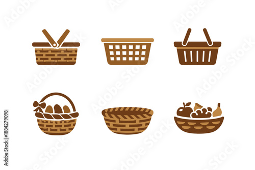 Collection of six woven basket icons with different designs and contents