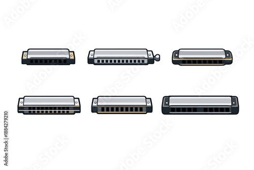 Collection of six different harmonica musical instruments on a white background