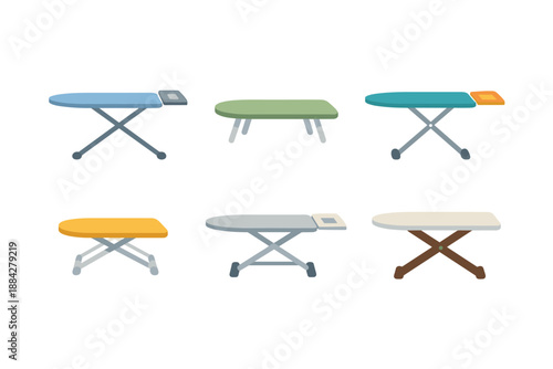 Collection of six different ironing boards in various colors and styles