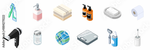 Essential Bathroom and Personal Hygiene Products Isometric Icon Set: Towels, Soap, Toothbrush, Scale, and Hair Dryer.