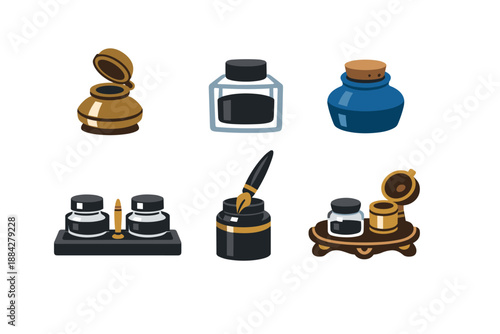 Collection of vintage inkwells and writing instruments for calligraphy and journaling