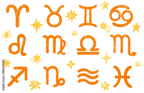 Crayon zodiac signs. Hand drawn stars and astrology symbol with pencil texture. Grunge rough brush stroke shine element pack for collage, poster, sticker, label. Vector esoteric cosmic illustration