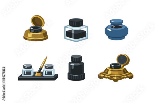 Collection of vintage inkwells and ink bottles in various styles and colors