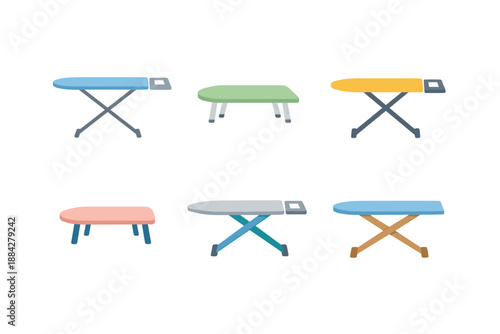 Collection of colorful ironing boards and tables with foldable legs