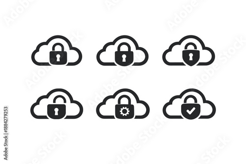 Collection of cloud security icons with locks, shield, gear, and checkmark symbols