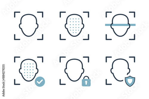 Facial recognition icons showing scanning, verification, security, and privacy concepts