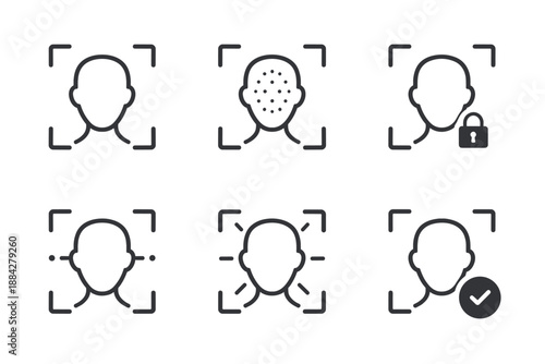 Facial recognition icons showing different stages of identification and security processes