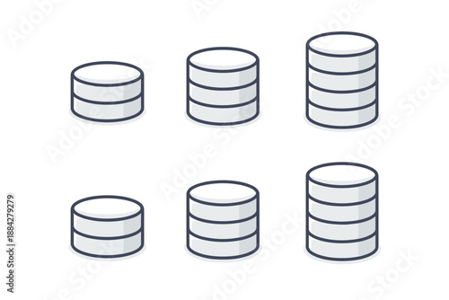 Set of database icons representing different storage capacities and data growth