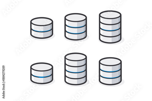 Set of six database cylinder icons representing data storage and information management