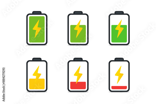 Battery charge level indicators showing full, medium, and low power states
