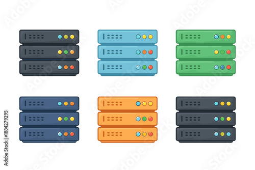 Collection of colorful server racks stacked in a grid, representing data storage and technology