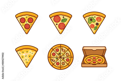 Collection of delicious pizza slices and whole pizza in a box, vector illustration