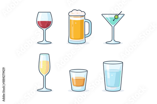 Collection of six different alcoholic and non-alcoholic beverage glasses on a white background