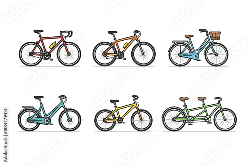 Collection of six different types of bicycles illustrated in a clean, modern cartoon style