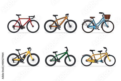 Collection of six different types of bicycles in a flat design style