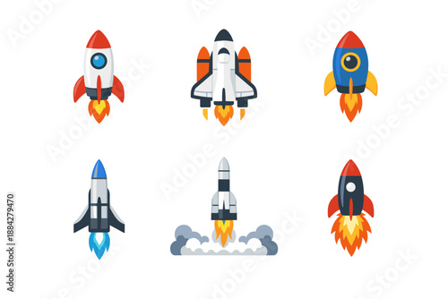 Collection of six different cartoon rockets launching into space with flames and smoke