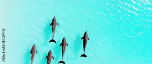Aerial view of five dolphins swimming near white sand beach in turquoise ocean water