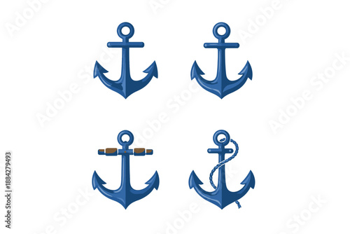 Collection of four blue nautical anchors with different designs and details on white background