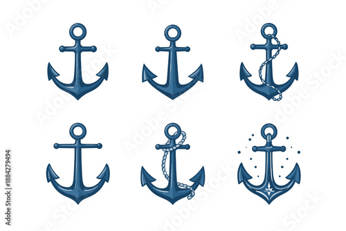 Collection of six stylized navy blue anchors with ropes and chains on a white background
