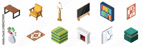 Isometric Living Room Furniture and Home Decor Icons Set Including Armchair, TV, Fireplace, Bookshelf, and Rug.