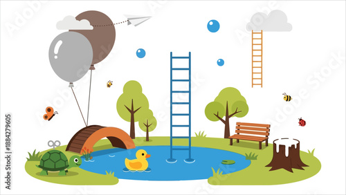 Playground Scene Park Objects Vector Illustration.