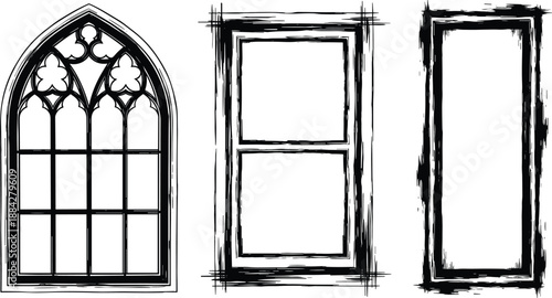 Vintage gothic window frames illustration, abstract grunge borders, architectural silhouettes, hand drawn black and white vector elements set, decorative design collection artwork
