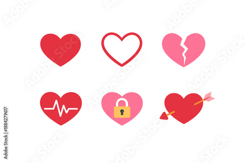 Collection of six different heart icons representing love, health, and relationships