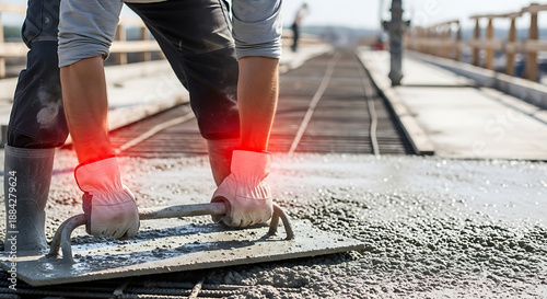 Construction worker smoothing wet concrete with a float, red highlights showing occupational strain and injury risk