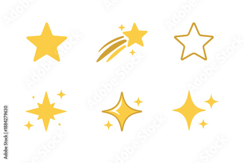 Collection of golden star icons and sparkling elements on a white background
