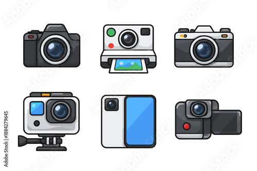 Collection of diverse camera icons, from vintage to modern digital devices