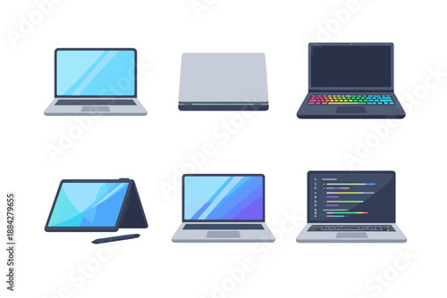 Collection of modern laptop and convertible tablet computer illustrations