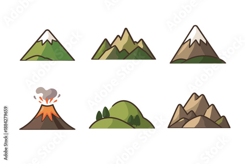 Collection of stylized mountain and volcano illustrations with a clean, modern design